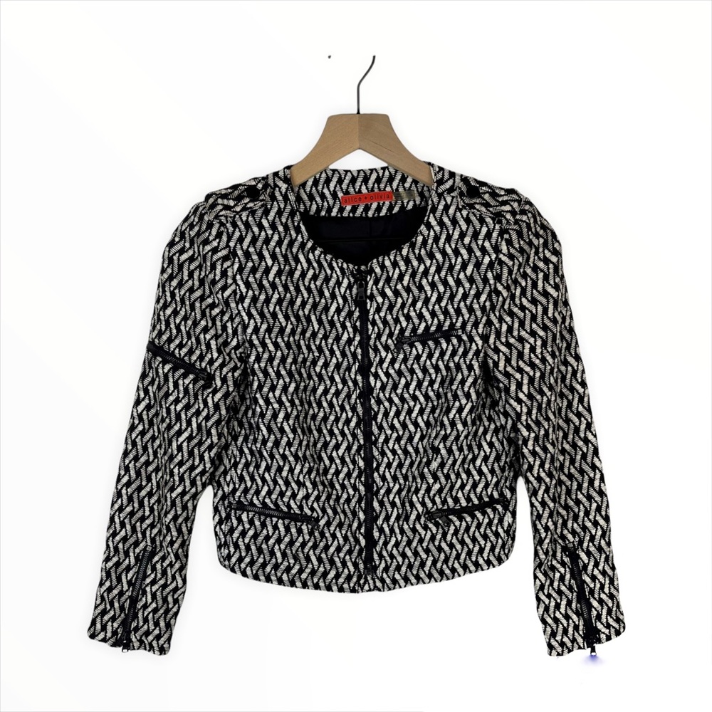 Alice + Olivia Black White Sahara Basket Weave Jacket Shoulder Pads XS